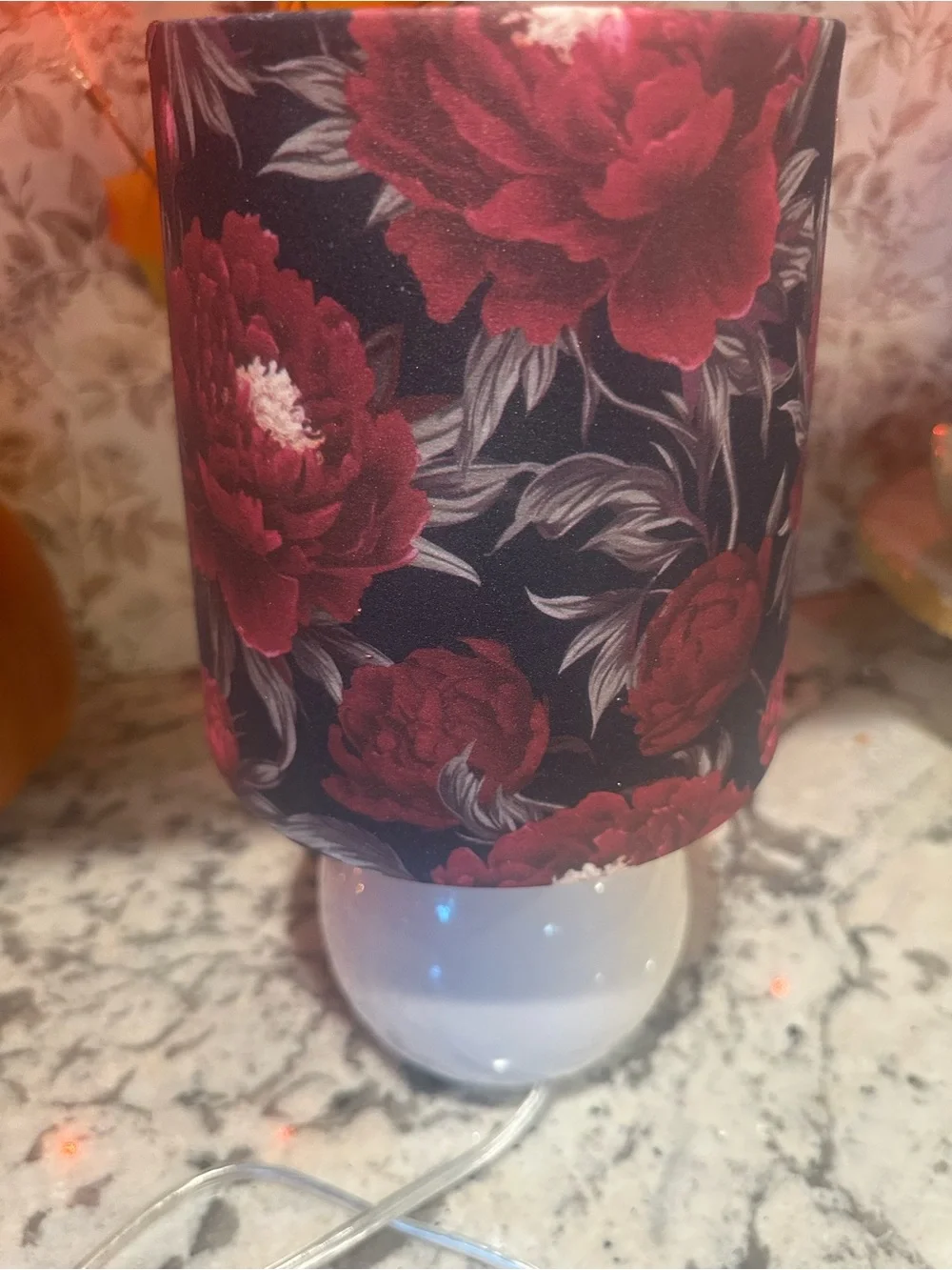 White Ceramic Table Lamp with Red Floral Shade - Unbranded